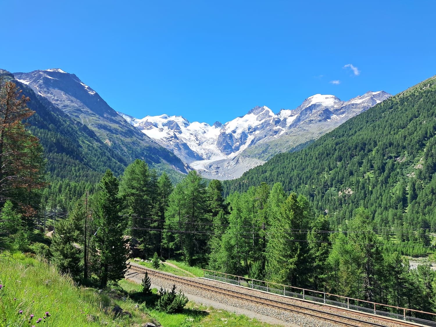 Bernina ze silnice směrem na průsmyk Passo del Bernina
